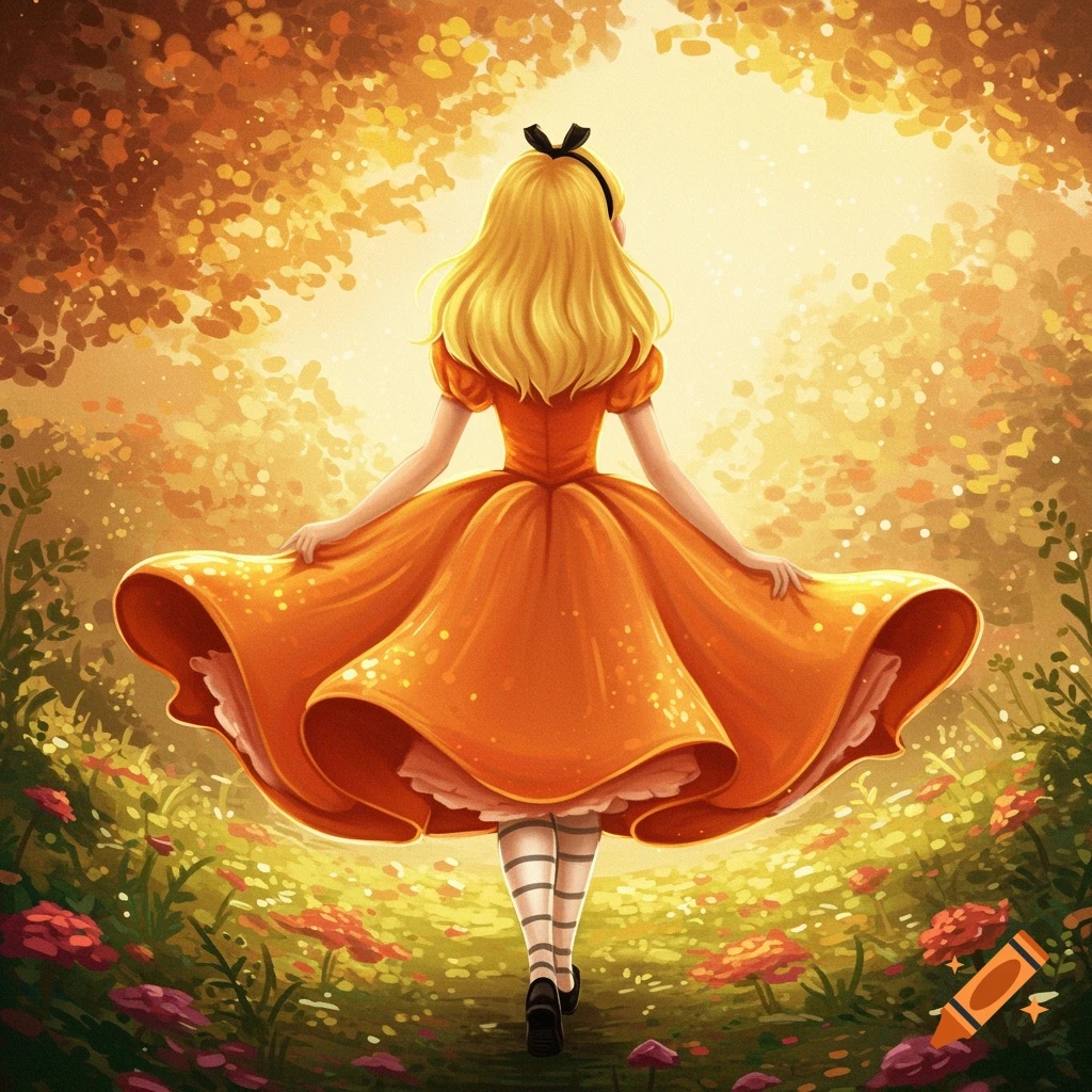Alice in an orange dress walking through a sunlit fantasy forest.