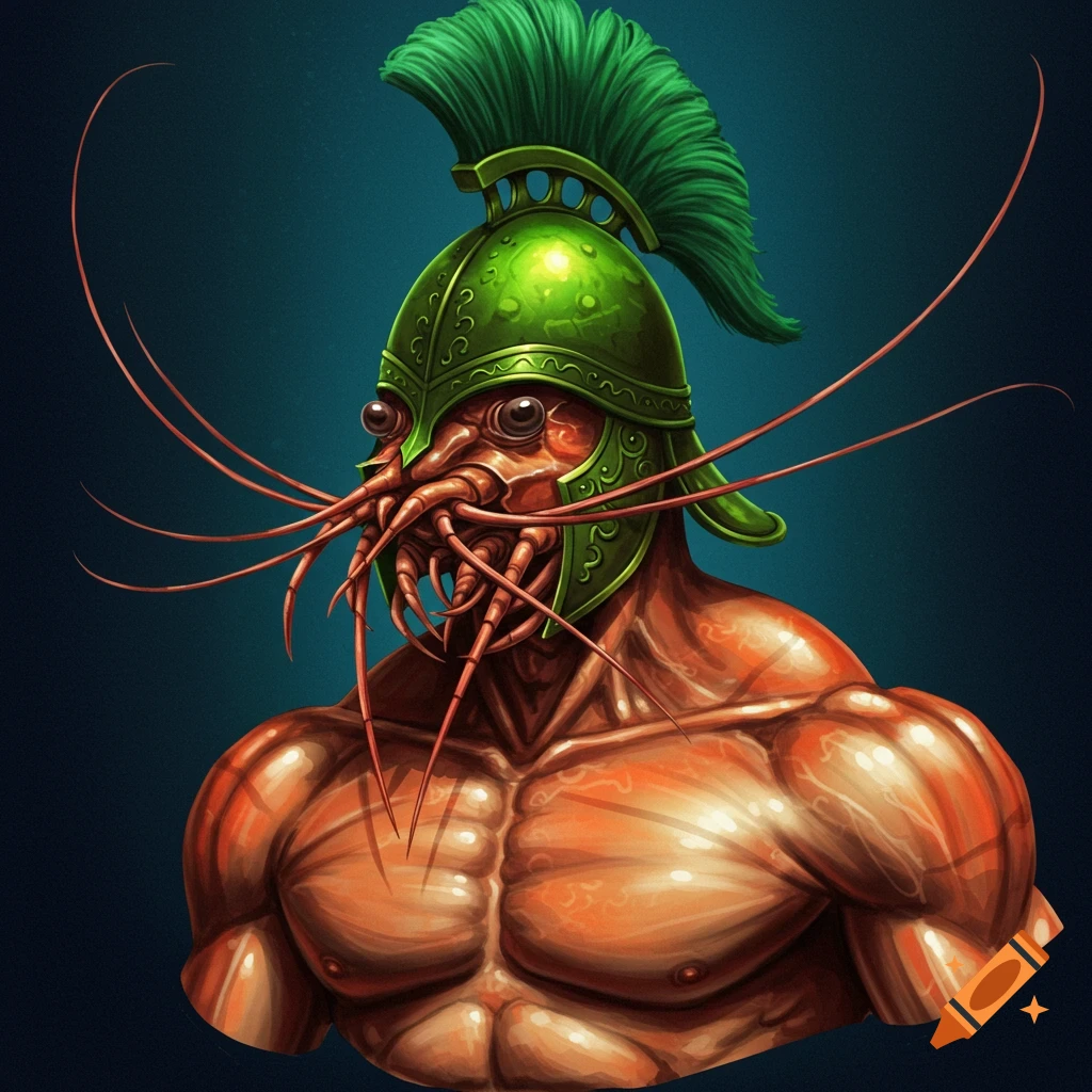 Illustration of a muscular shrimp creature wearing a green Roman-style war helmet.