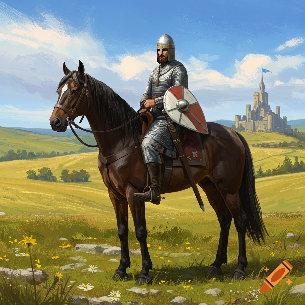 A knight in armor on horseback in a field with a distant castle.