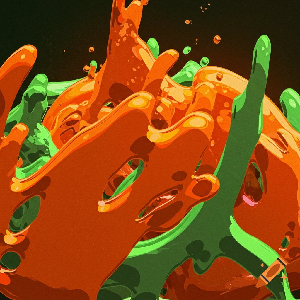 Close-up abstract of shiny orange and green melty shapes and splatters.