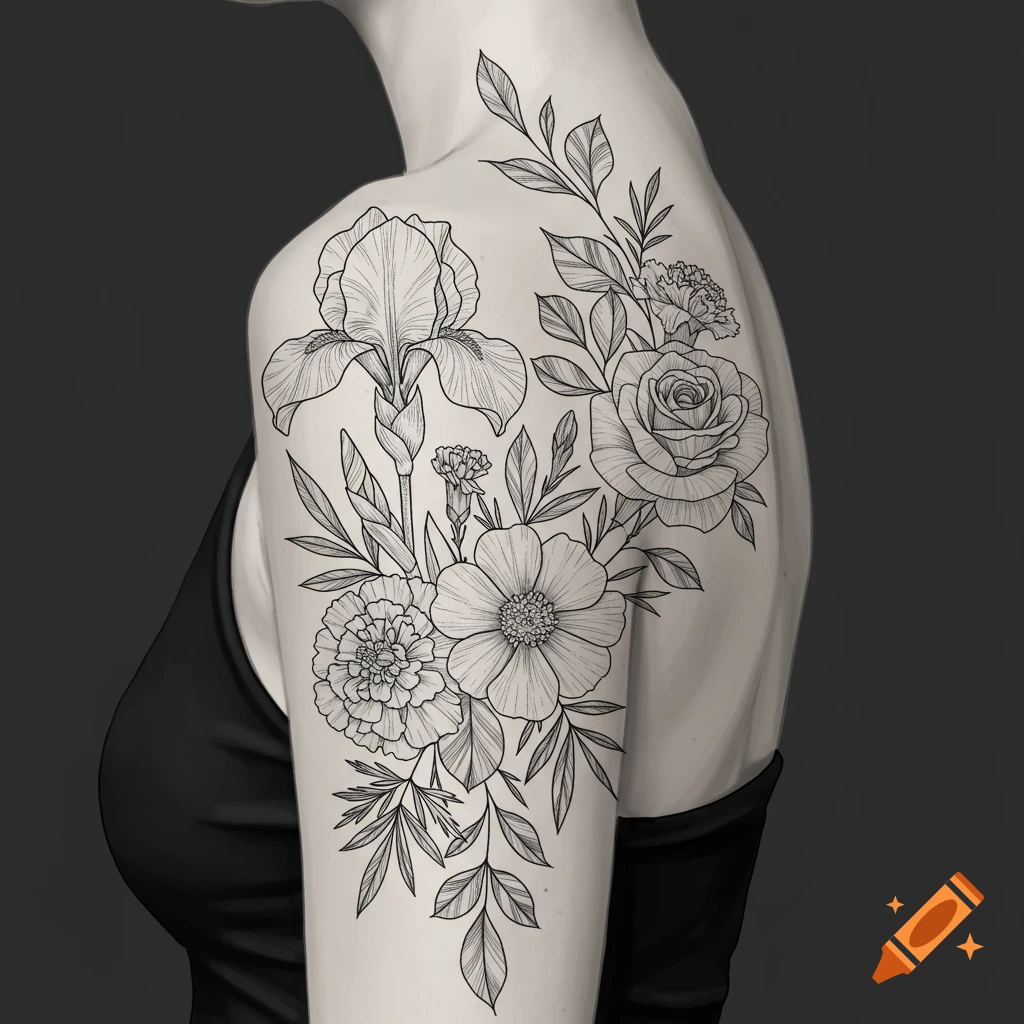 Fine line illustration of a floral tattoo design with an iris, rose, carnation, and marigolds on a person's shoulder.