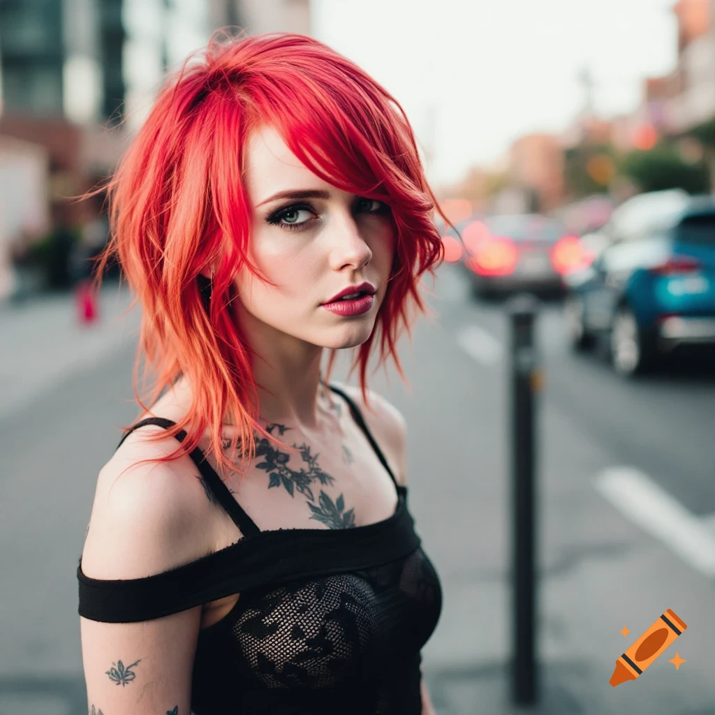 Photorealistic portrait of a woman with red hair and tattoos on a city street.
