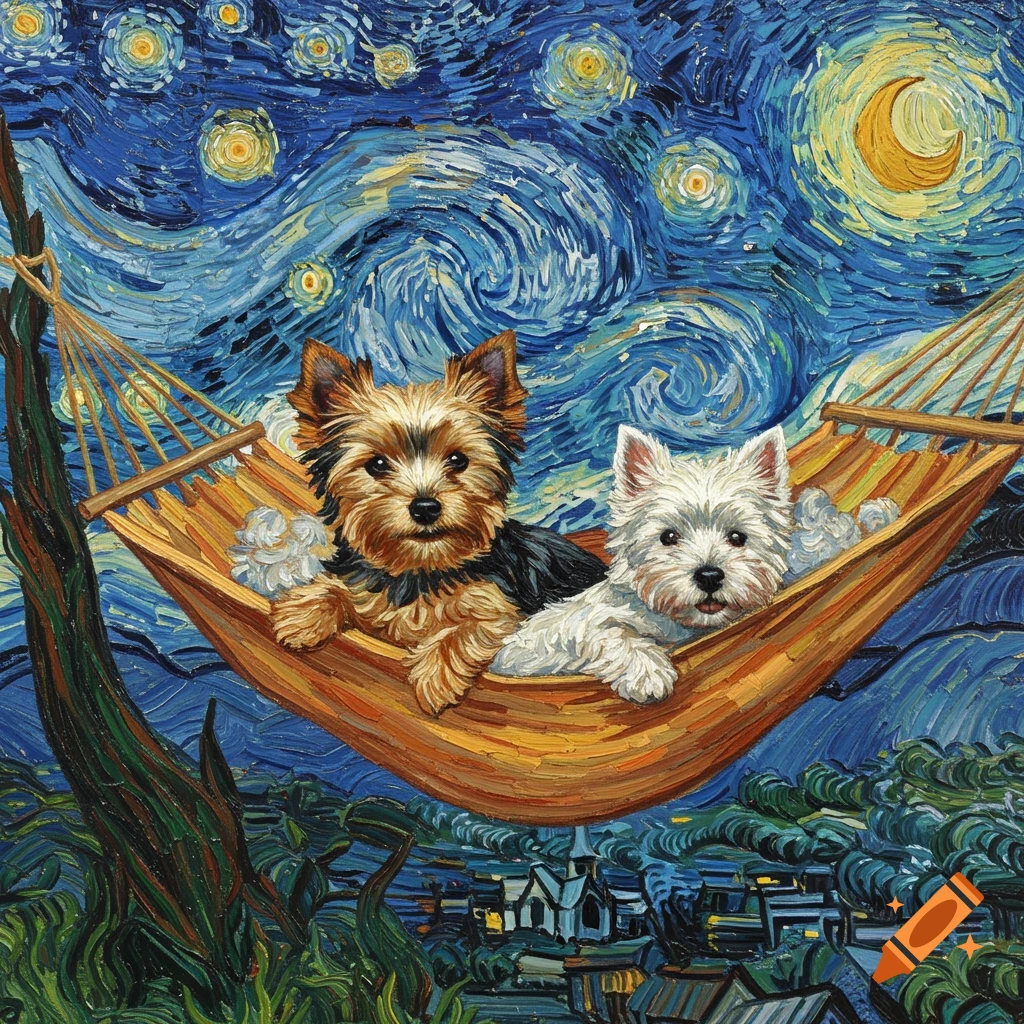 A Yorkshire Terrier and a Westie in a hammock under a starry sky in the style of Van Gogh.
