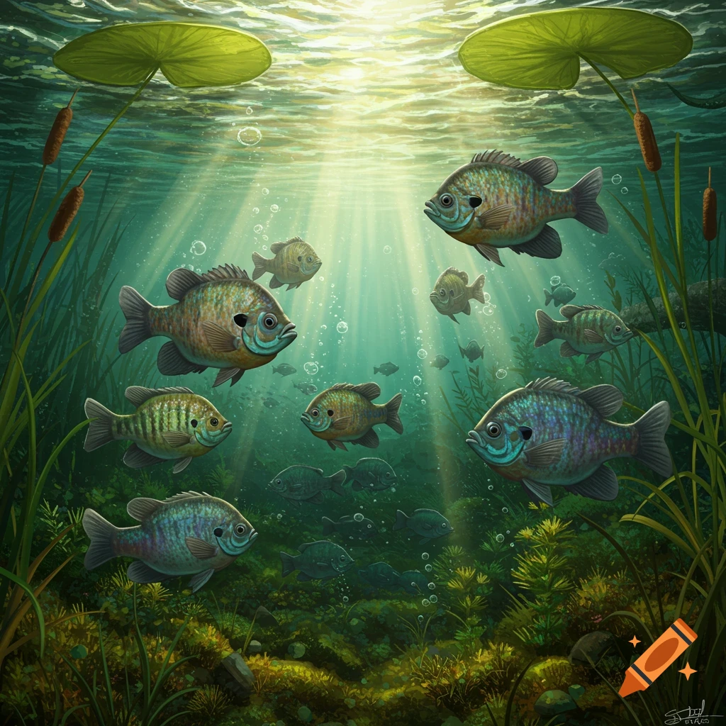 Illustration of bluegill fish swimming underwater with sunlight rays, lily pads, and aquatic plants.
