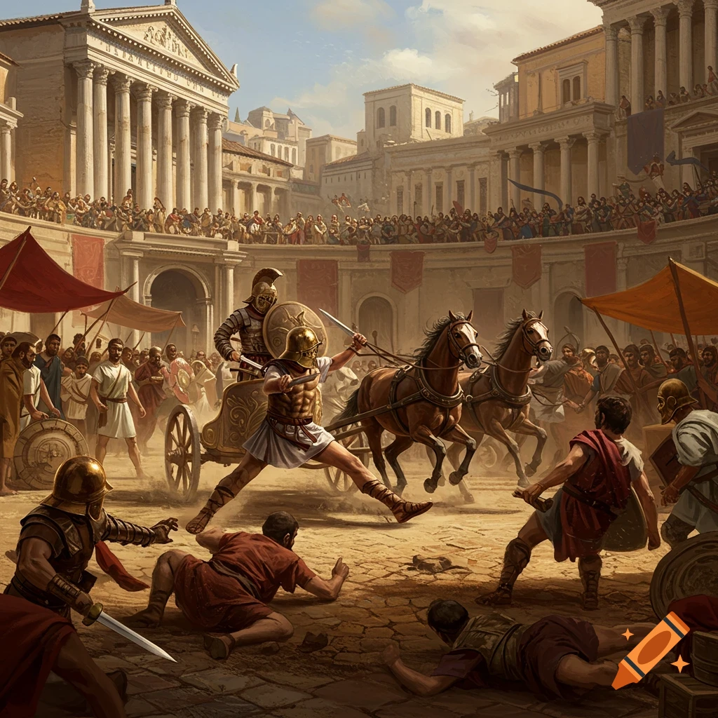 A chaotic chariot race and gladiator combat in a crowded Roman arena
