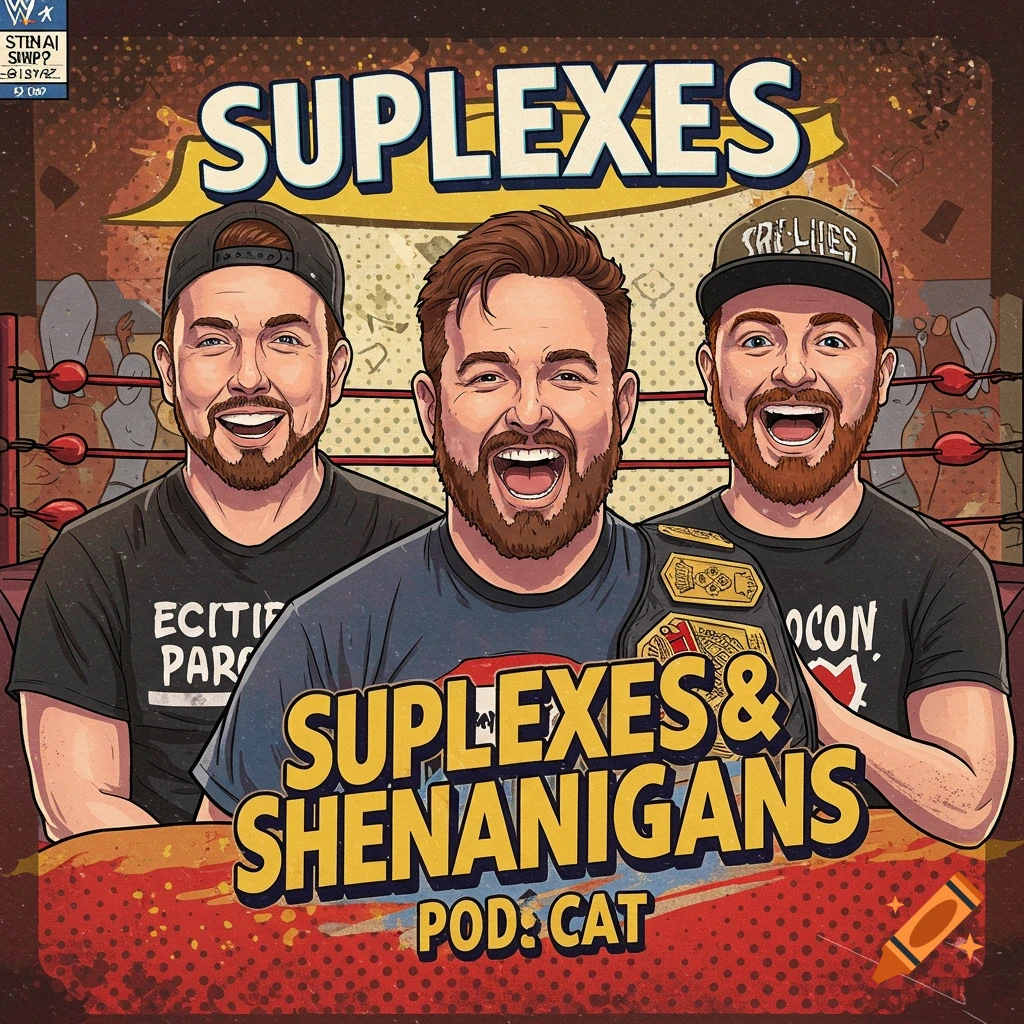 Illustration of three men with beards in a cartoon style against a wrestling ring background. Titles 'SUPLEXES' and 'SUPLEXES & SHENANIGANS'.