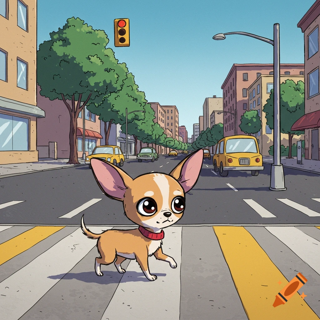 Cartoon chihuahua crossing a street on a pedestrian crossing in a city.