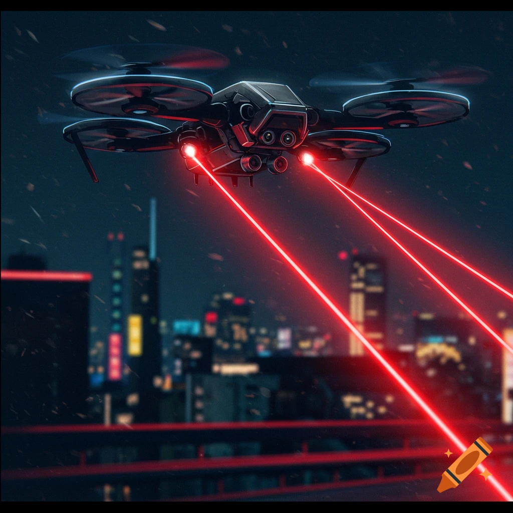 A futuristic drone flies over a city at night, shooting red lasers.