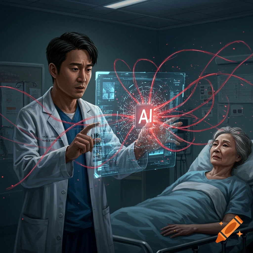 Digital illustration of a doctor showing a holographic AI display with red connections to a patient in a hospital bed.