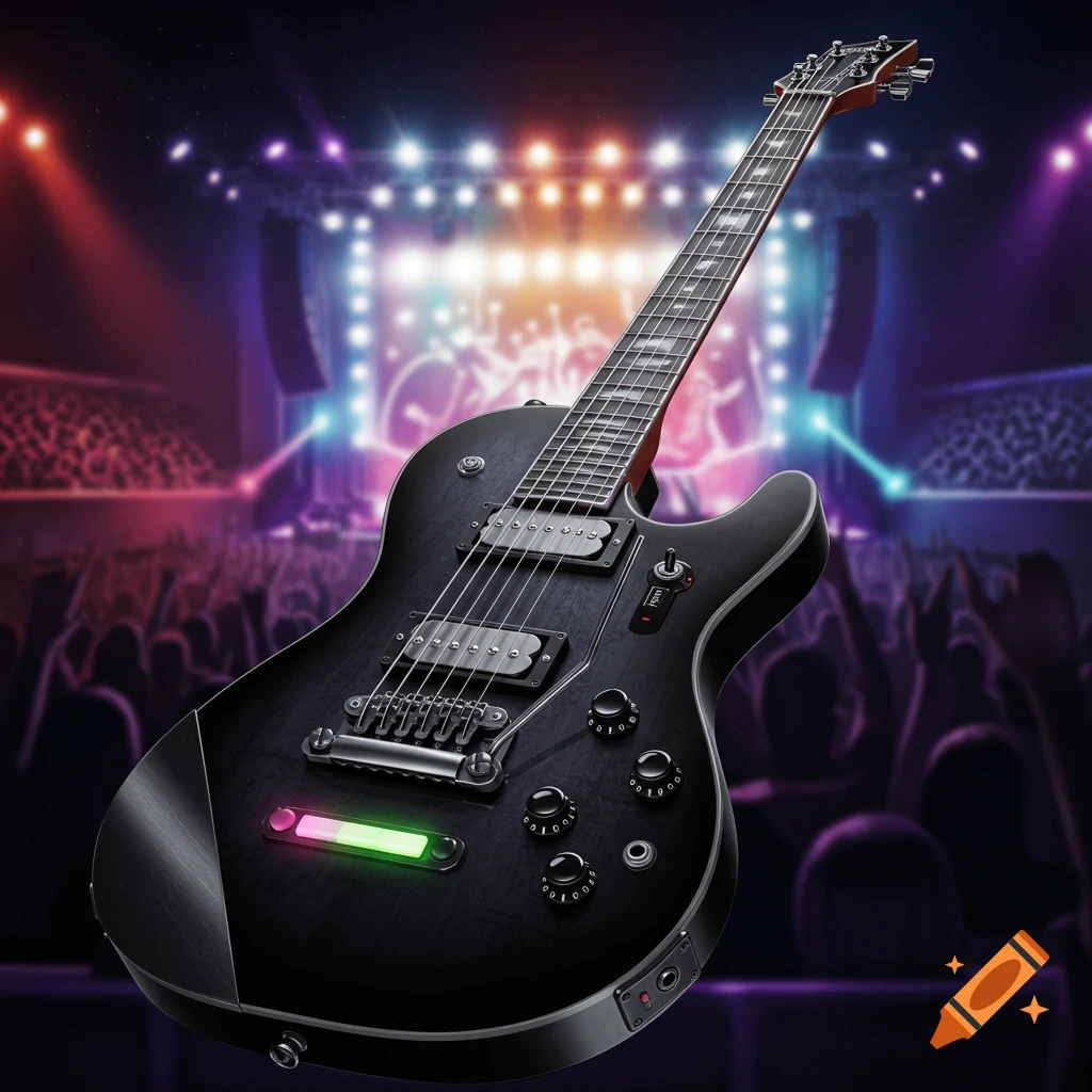A black guitar controller with green and pink lights on a fret, set against a blurred concert stage with lights and a crowd.