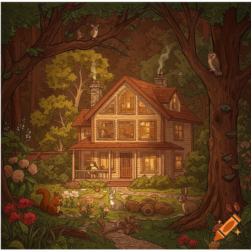 An illustration of a cozy house in a forest clearing with animals like squirrels, rabbits, and owls.