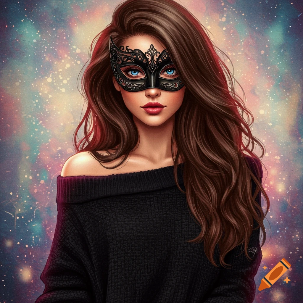 A portrait of a woman with long brown hair wearing a black mask and off-the-shoulder sweater against a sparkling background.