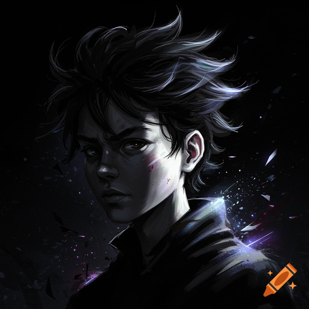 Illustrated portrait of a boy with spiky hair and facial scratches in a dark setting with glowing effects.