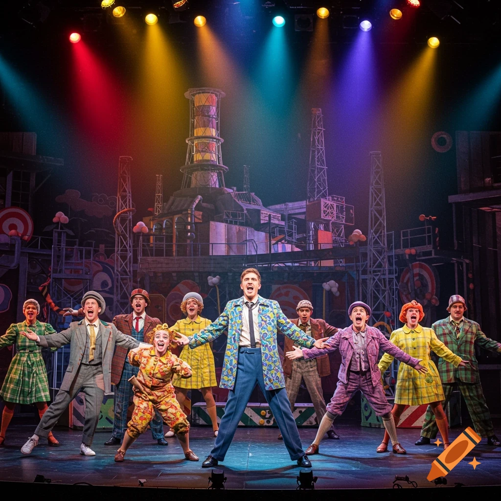 Performers in colorful costumes on a stage with an industrial backdrop and theatrical lighting.