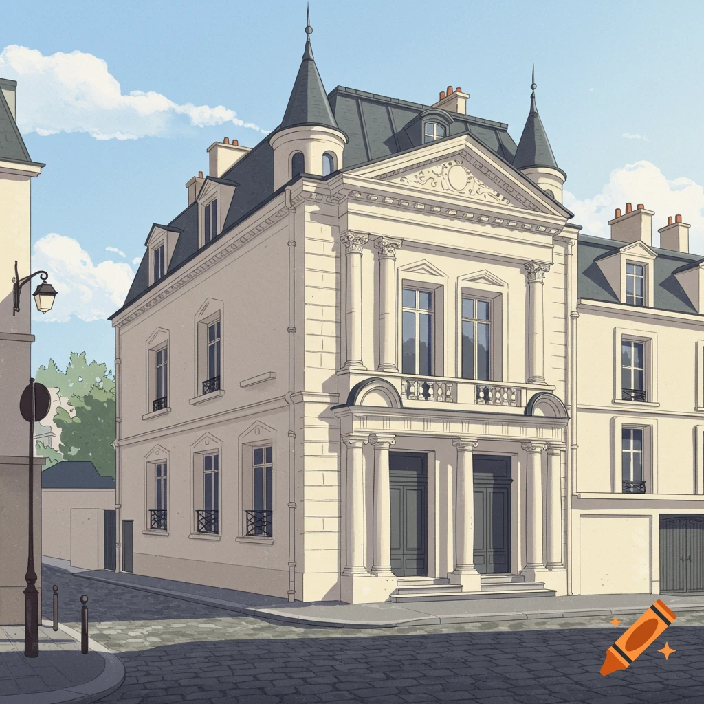 A large classical building with columns and turrets on a cobblestone street corner.