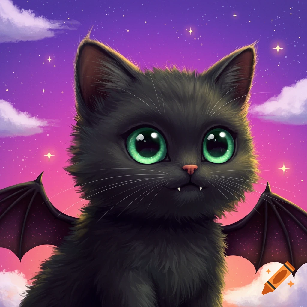 A cute black cat with bat wings sits under a starry purple and pink sky.