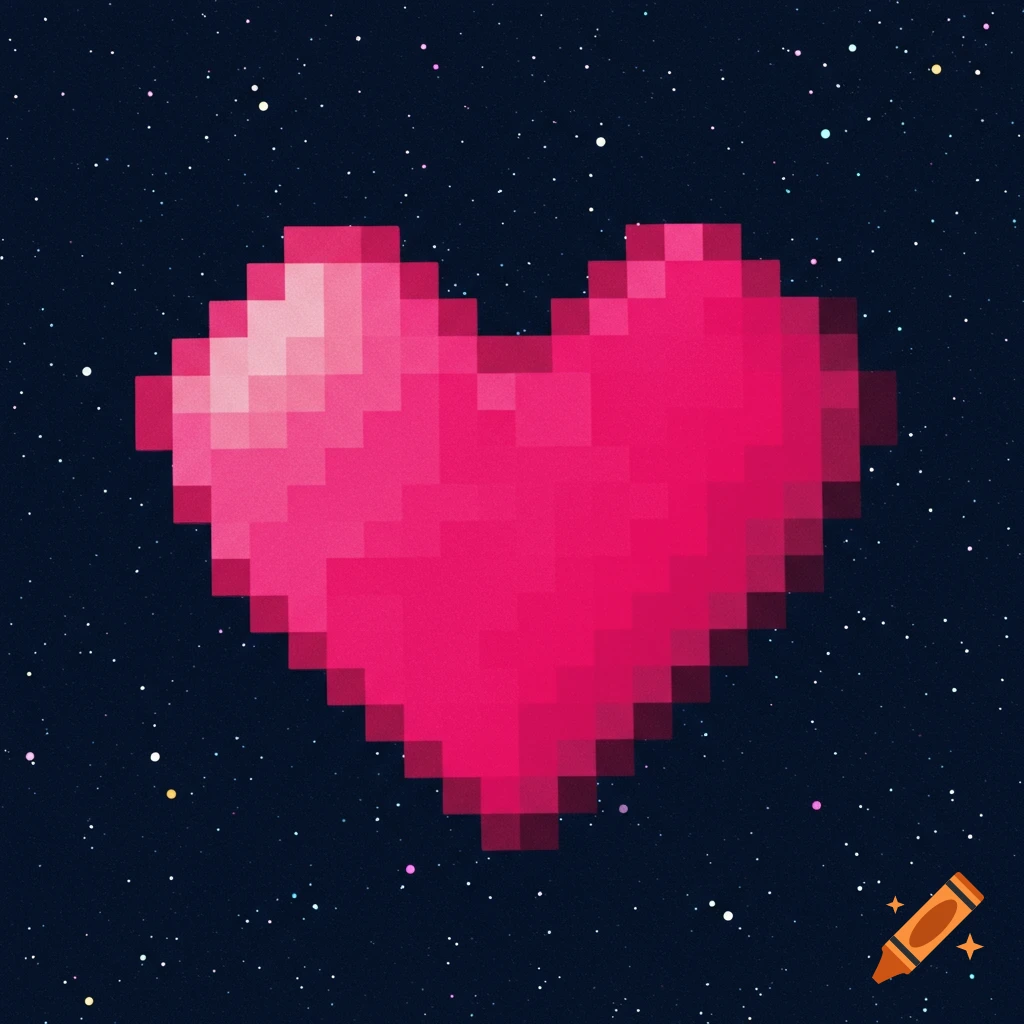 A pixelated pink heart floats in a starry space background.