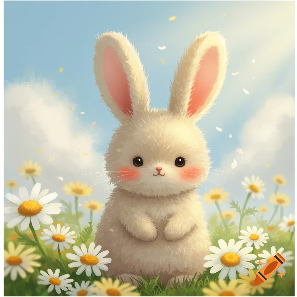Cute illustrated bunny sitting in a field of daisies under a blue sky.