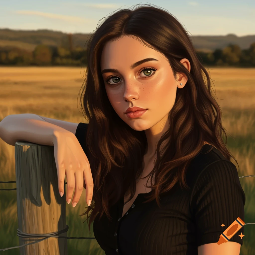 Portrait of a young woman with dark hair and green eyes leaning on a fence post in a field at sunset, realistic style.