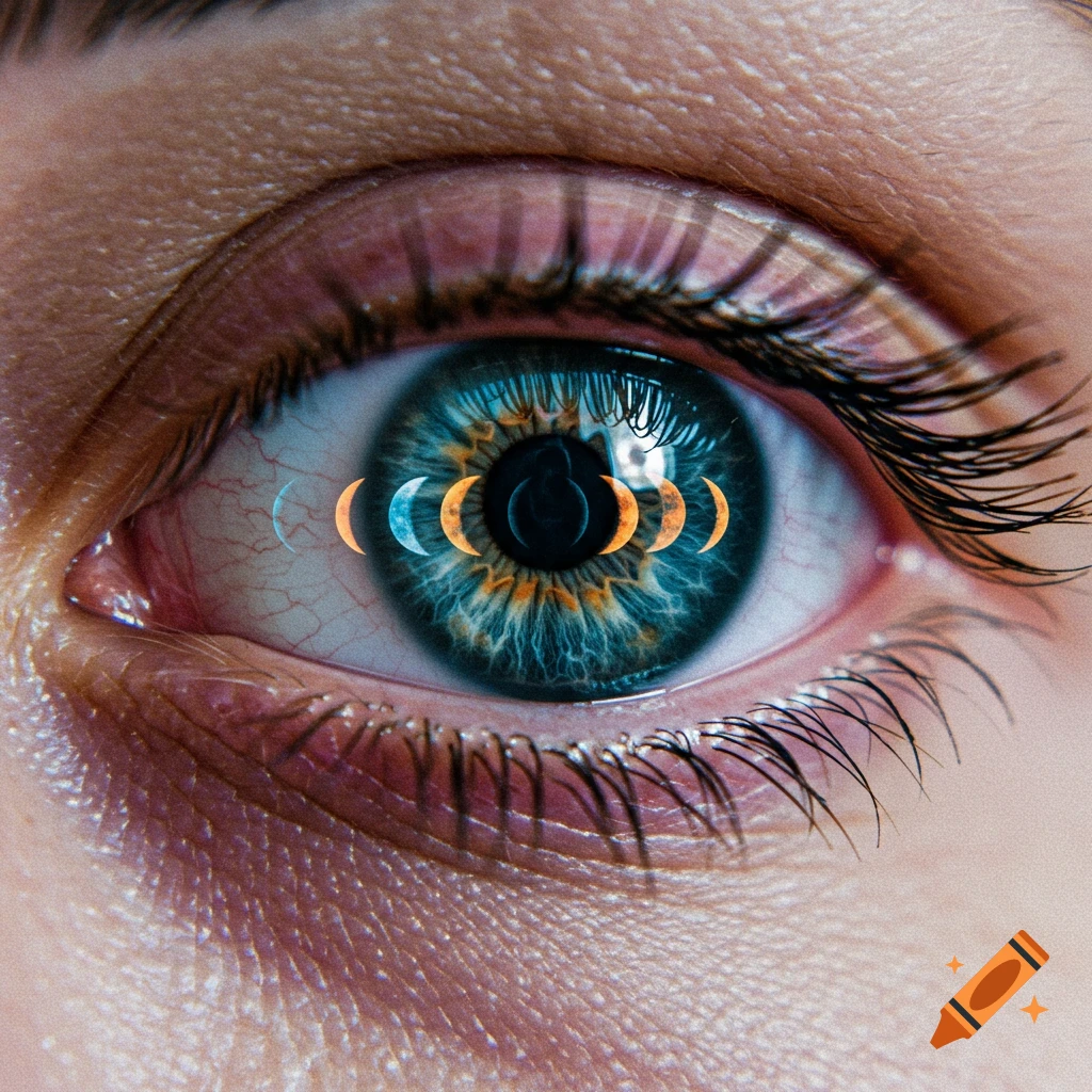 Close-up of a human eye with glowing moon phases reflected in the iris, surreal style