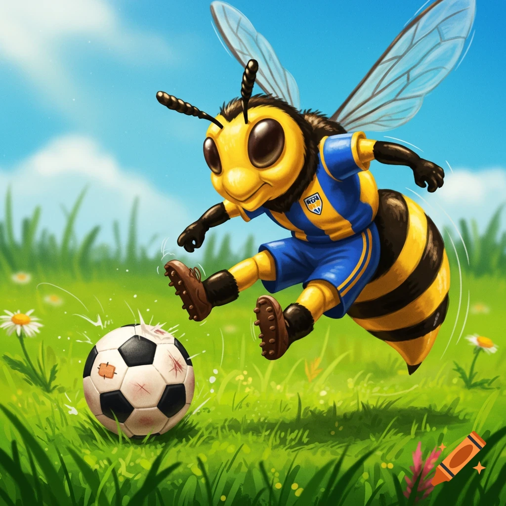 A cute cartoon bee wearing a blue and yellow soccer uniform kicks a soccer ball in a grassy field.