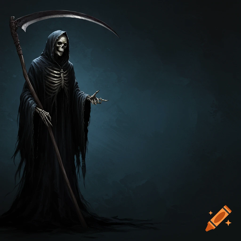 The Grim Reaper holding a scythe stands against a dark background.
