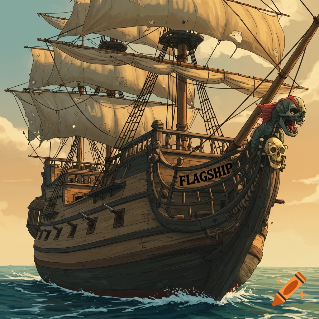 An illustration of an old pirate ship named FLAGSHIP sailing on the sea.