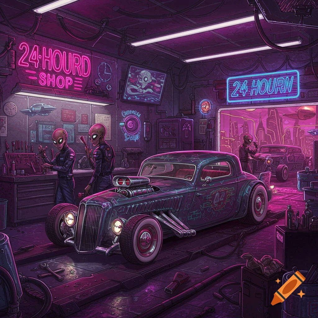 Aliens work on a hot rod in a futuristic garage with neon signs.