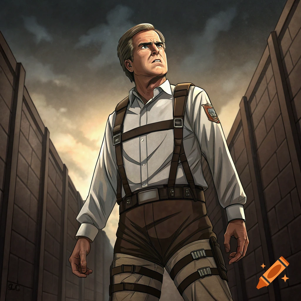 An anime-style illustration of a man resembling Jeb Bush in an Attack on Titan uniform standing between tall walls.