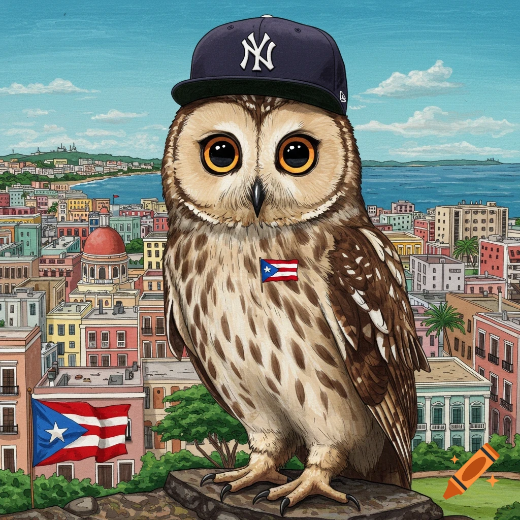 An owl wearing a NY Yankees baseball cap and a Puerto Rican flag pin stands on a wall overlooking a colorful city skyline.