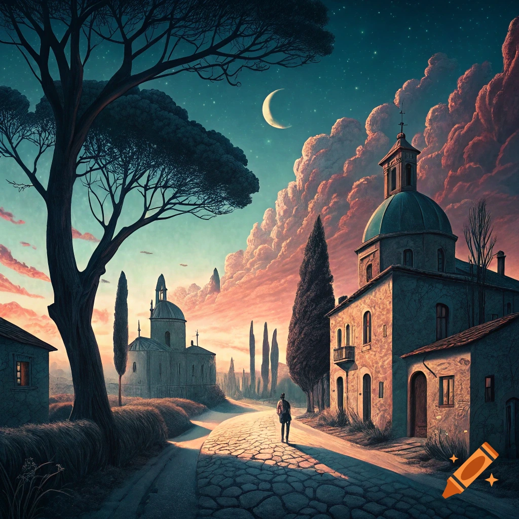 Surreal landscape painting with man walking on road towards buildings under a crescent moon and dramatic clouds.