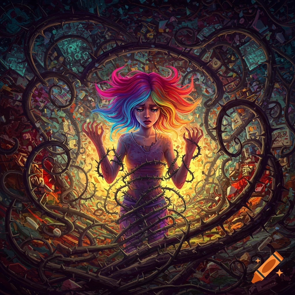 Stylized illustration of a crying person with rainbow hair trapped in thorns against a glowing background.
