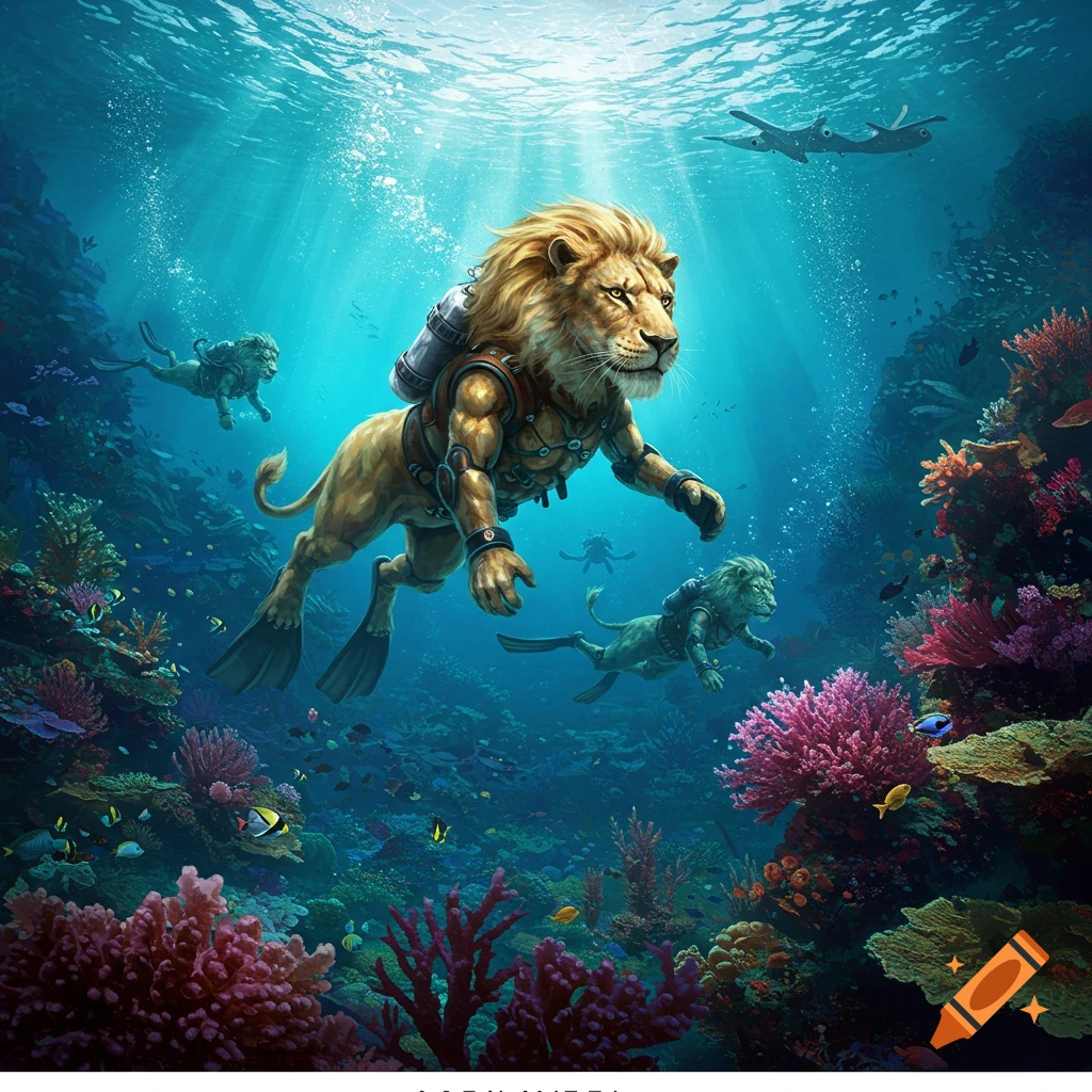 Anthropomorphic lions scuba dive through a vibrant coral reef filled with fish and sun rays.