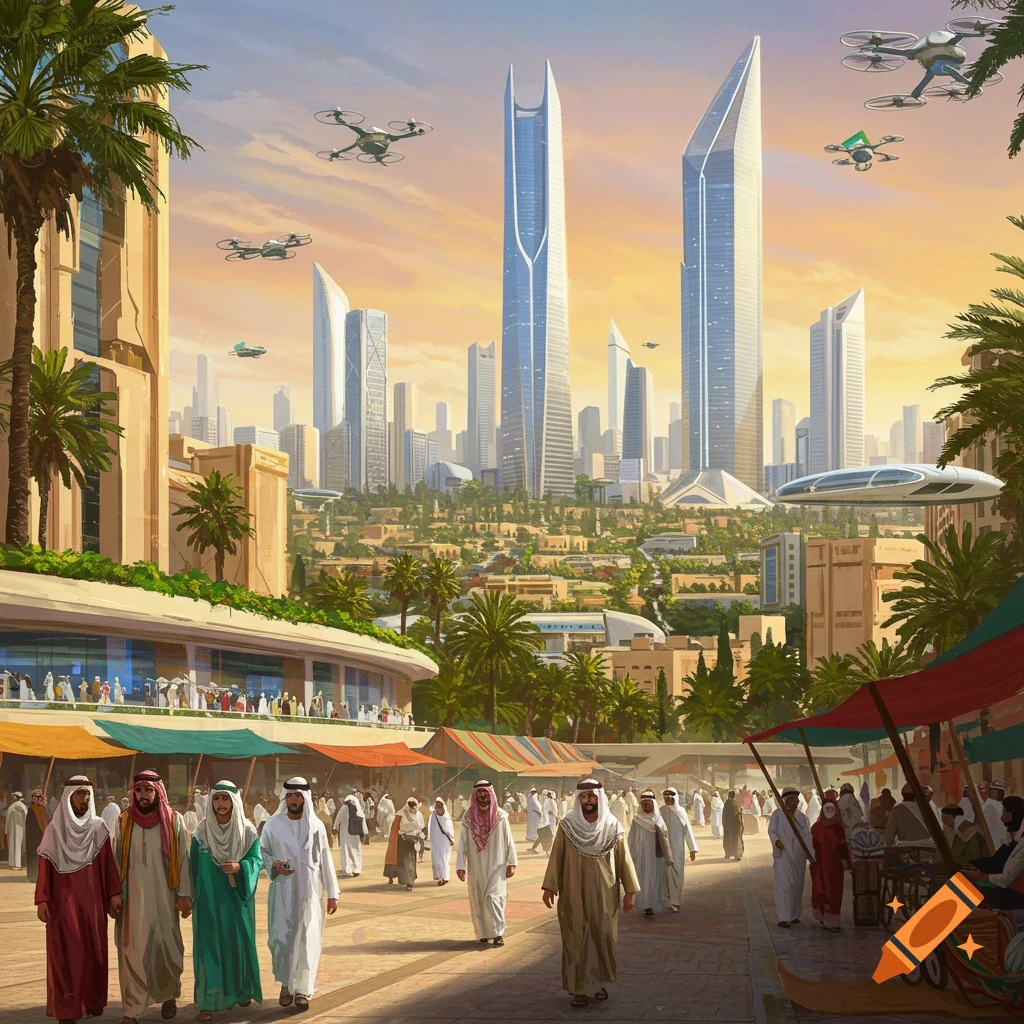 Futuristic city scene with tall skyscrapers, drones, flying vehicle, and people in traditional clothing in a market below.