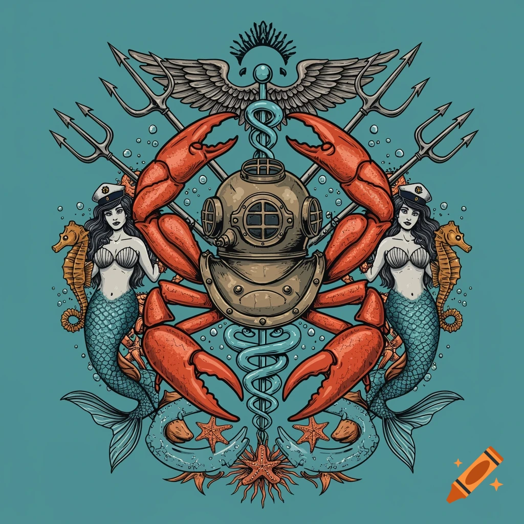 Illustration of a crest featuring a crab in a dive helmet, flanked by mermaids holding seahorses, with tridents and a caduceus.
