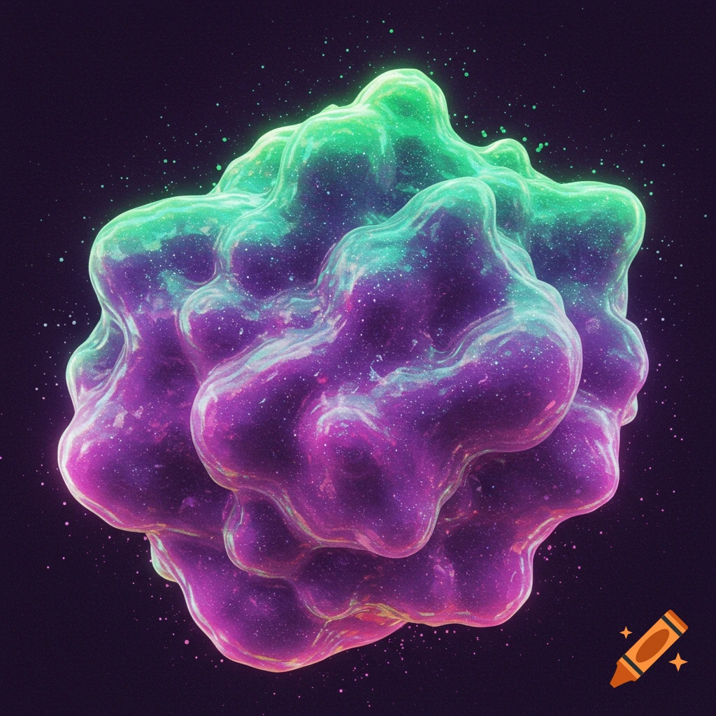A glowing, amorphous shape with purple and green gradient colors against a dark, speckled background.