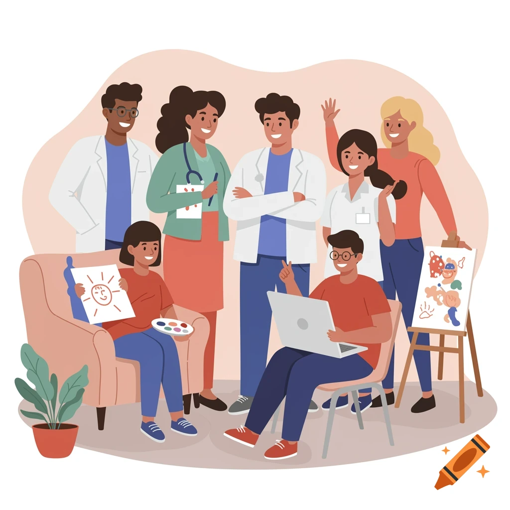 Flat illustration of diverse healthcare professionals and adults interacting with children drawing and using a laptop.
