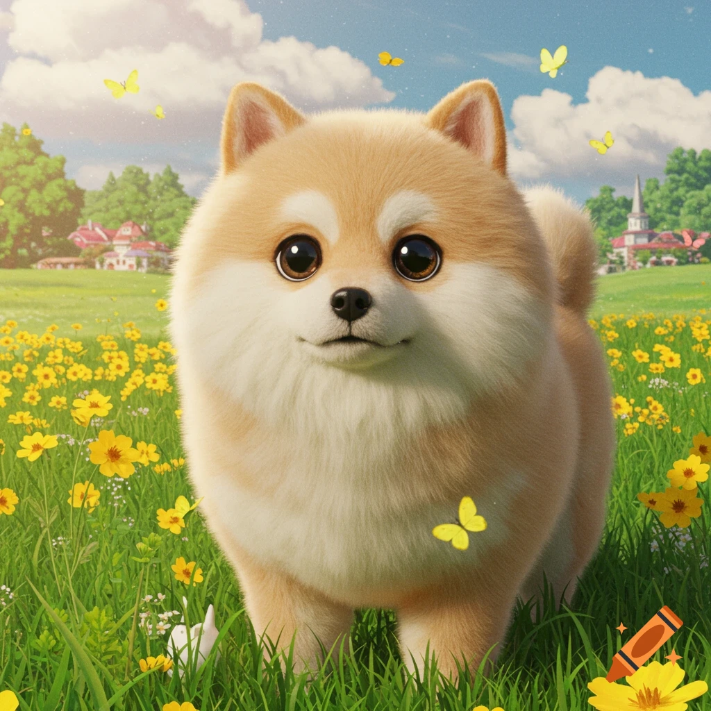A fluffy animated dog stands in a field of yellow flowers with butterflies.