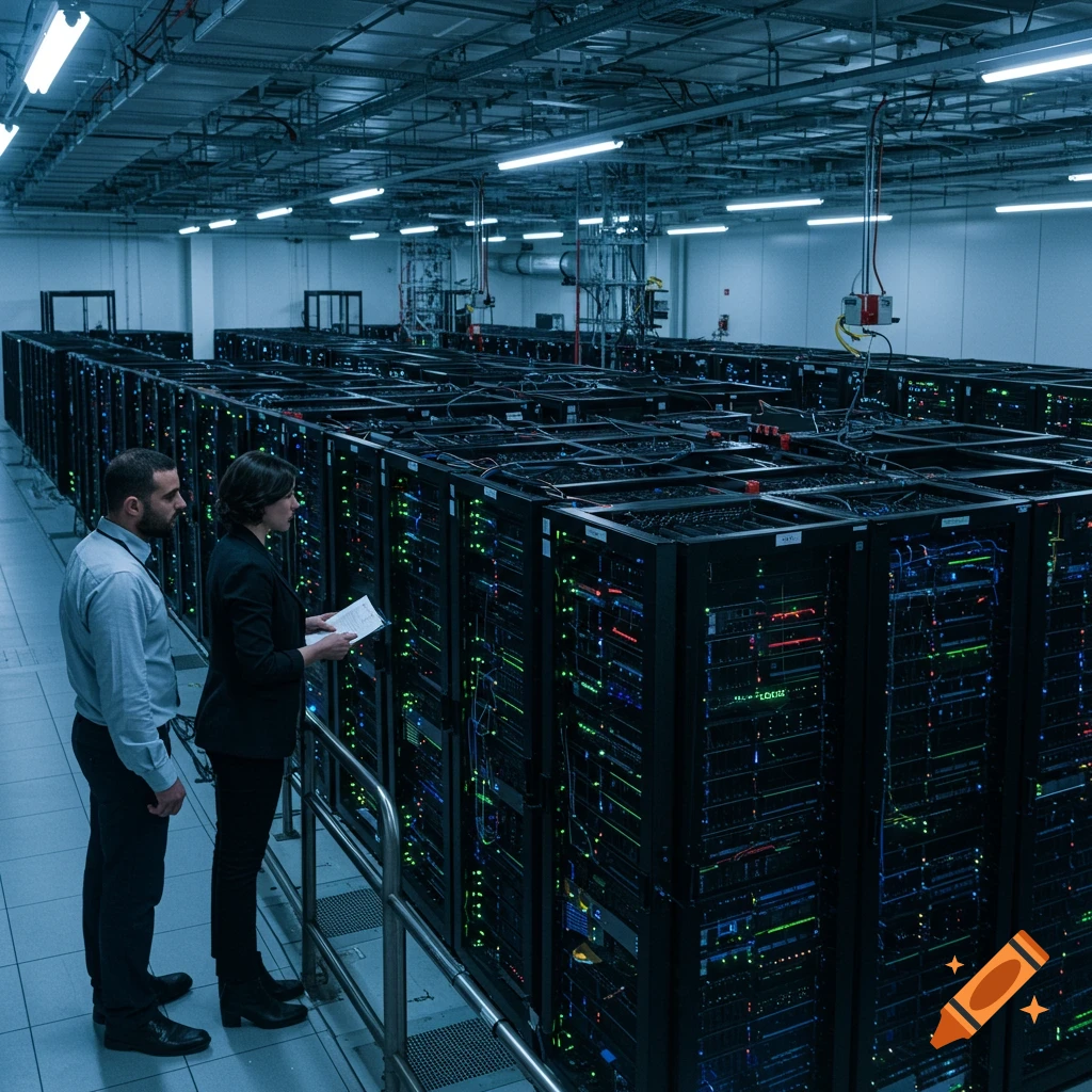 Two people standing and looking at rows of servers in a data center.