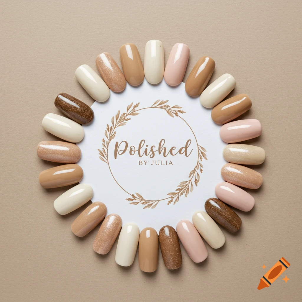 Nail polish color swatches in beige tones arranged around a logo on a neutral background.