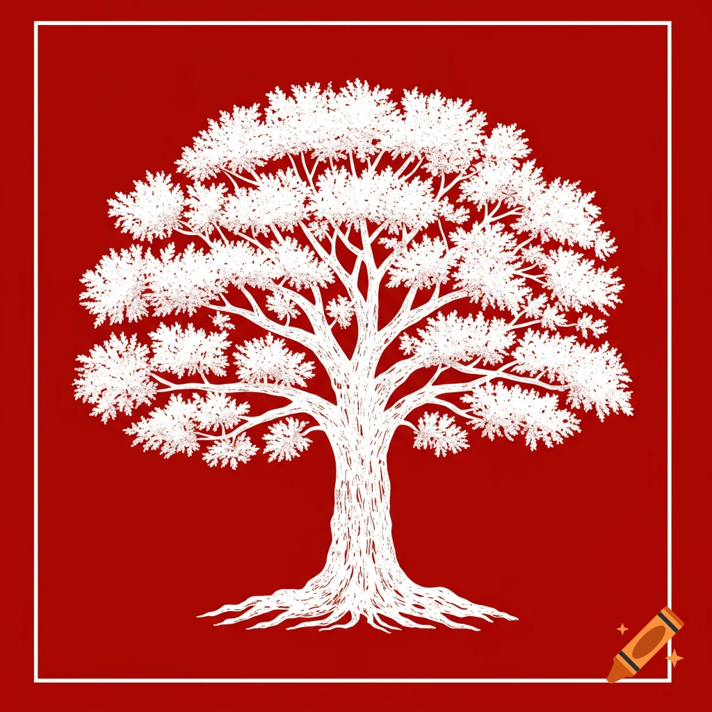A stylized white tree on a red background with a white border, like a banner.