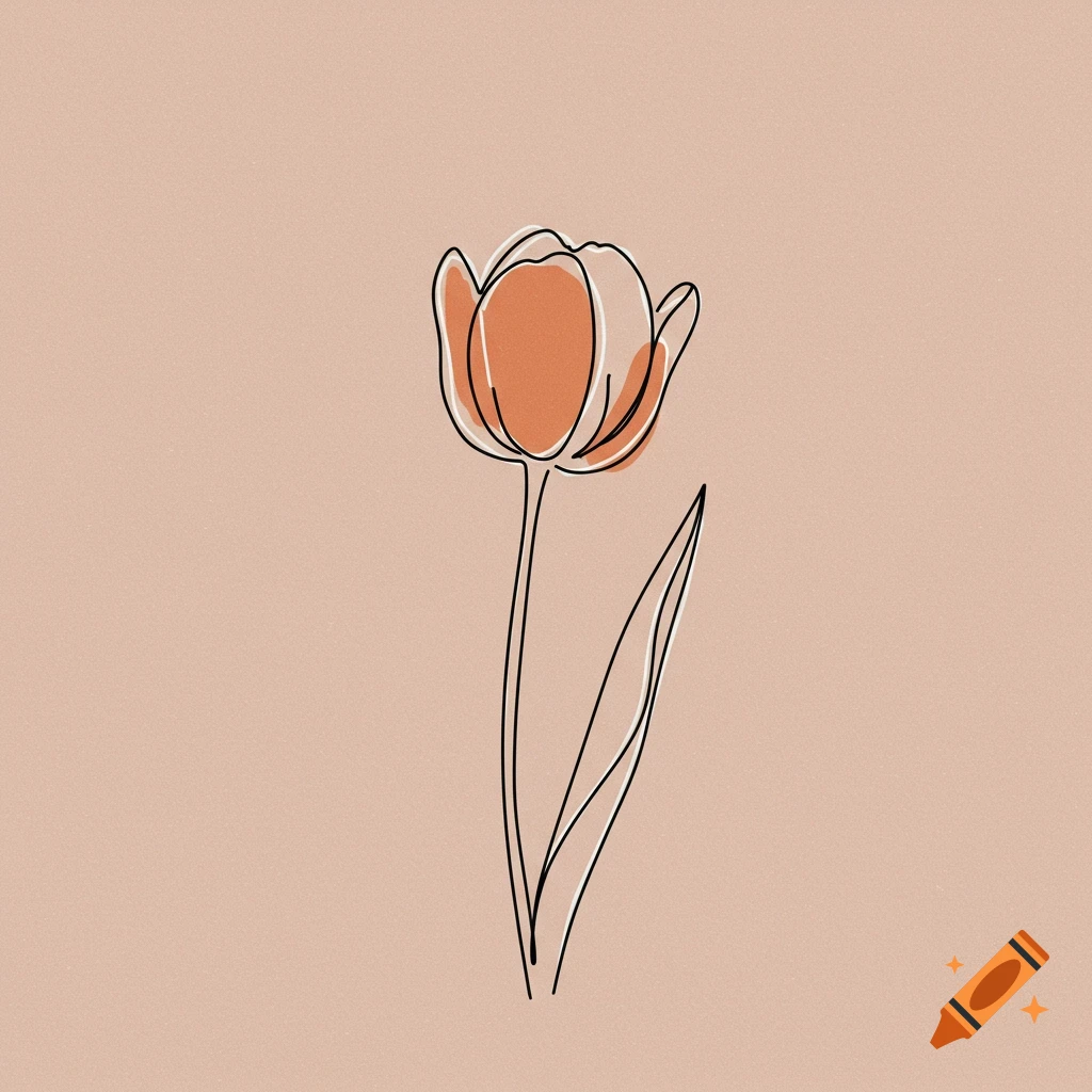 Minimalist line art drawing of an orange tulip on a peach background