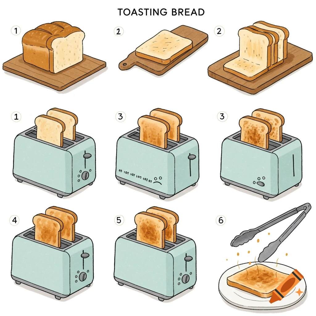 Step-by-step illustration showing how to toast bread, from slicing a loaf to removing a finished piece with tongs.