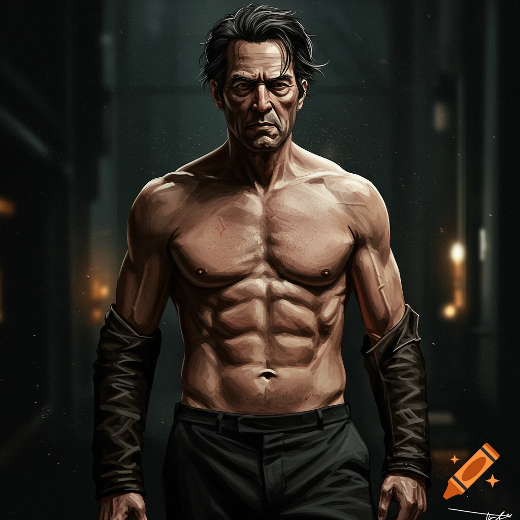 Stylized portrait of a muscular older man standing in a dark, moody setting.