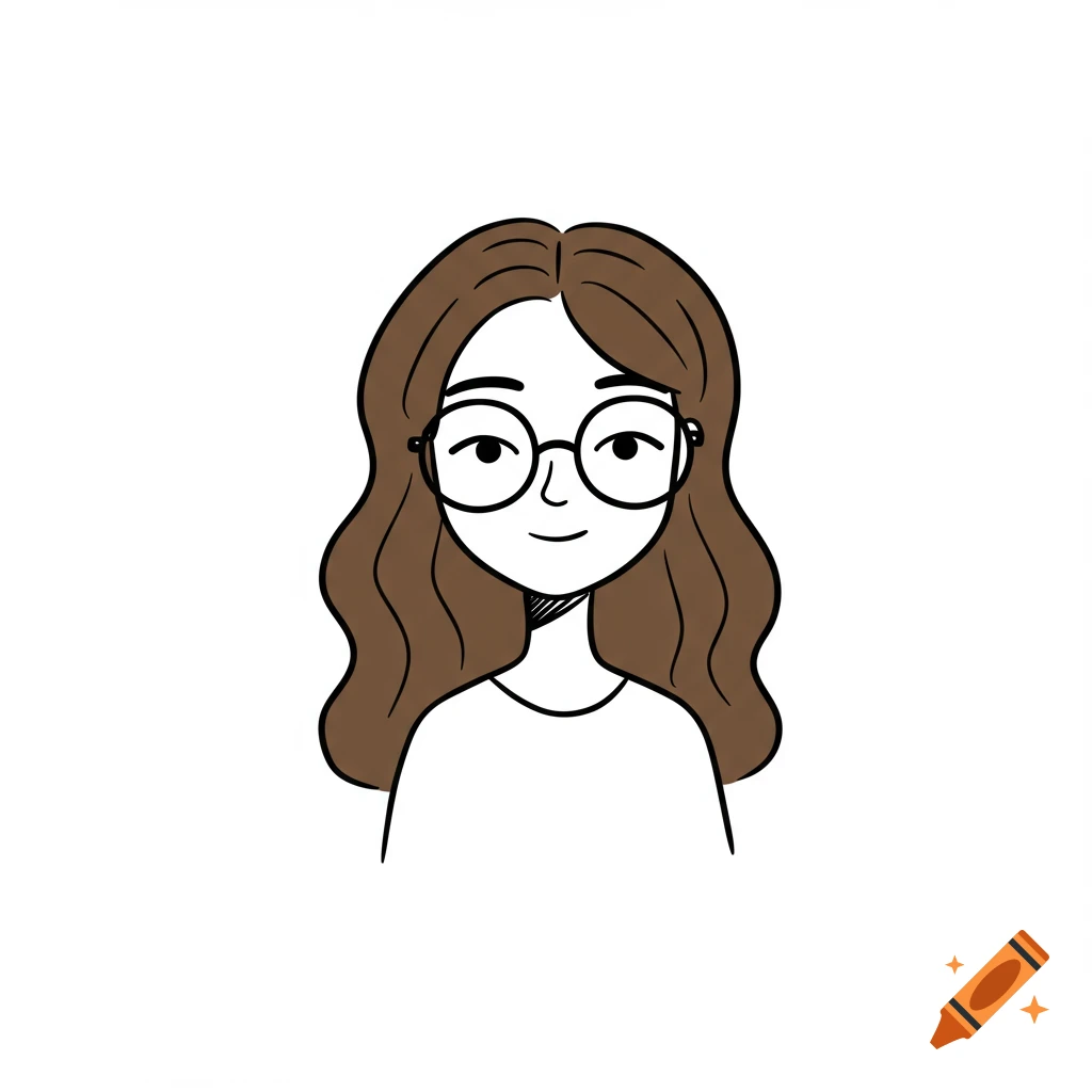 A simple doodle illustration of a girl with wavy brown hair and glasses.