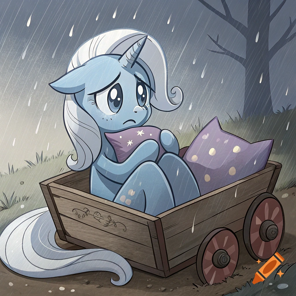 A sad cartoon pony sits in a wooden wagon holding a pillow during a rain shower.