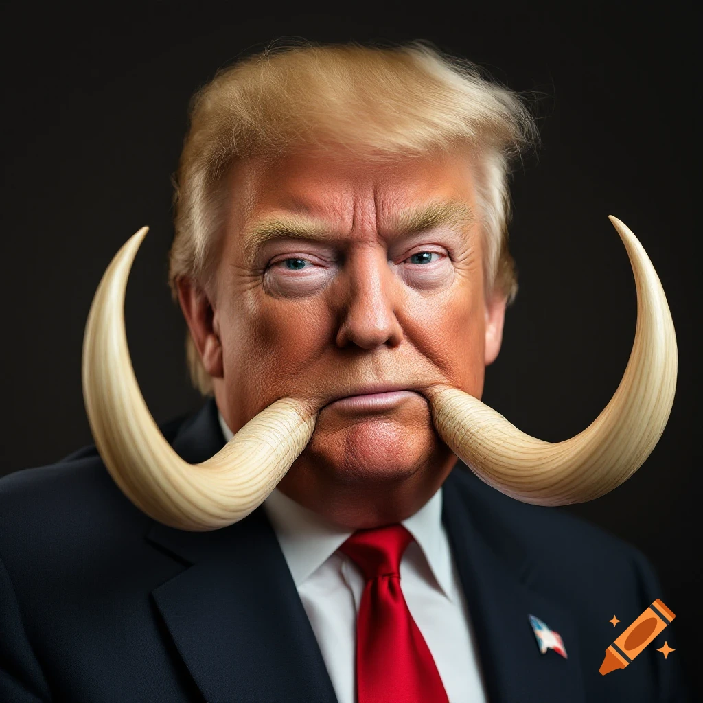 A portrait of Donald Trump with large tusks emerging from his mouth.