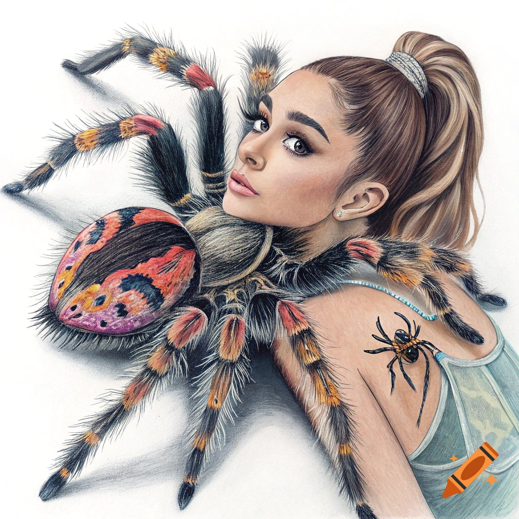 Illustration of a woman with a large spider on her shoulder and a spider tattoo.