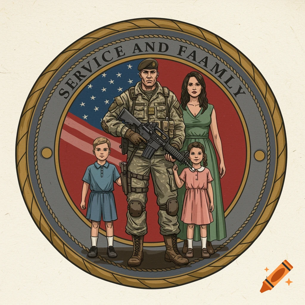 Illustration in a round seal format depicting a soldier with his family.