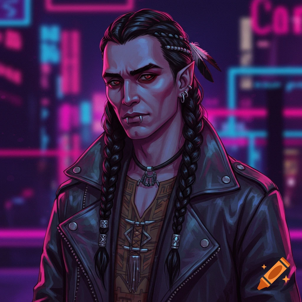 A modern Native American vampire with braids and fangs wears a leather jacket and necklace against a neon city background.